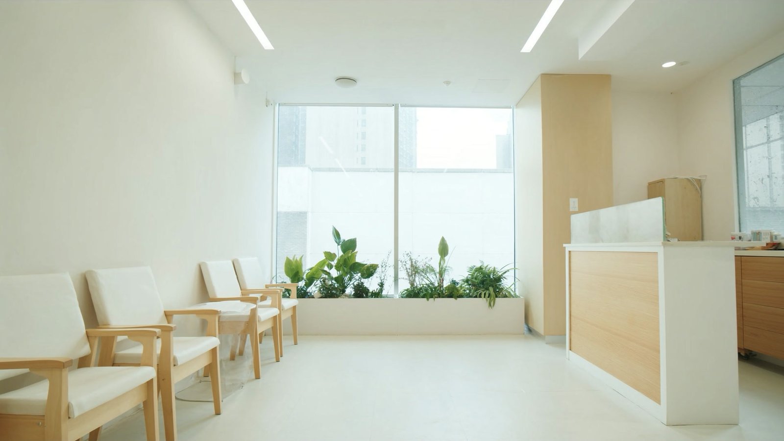 Klinikens ljusa väntrum med växter